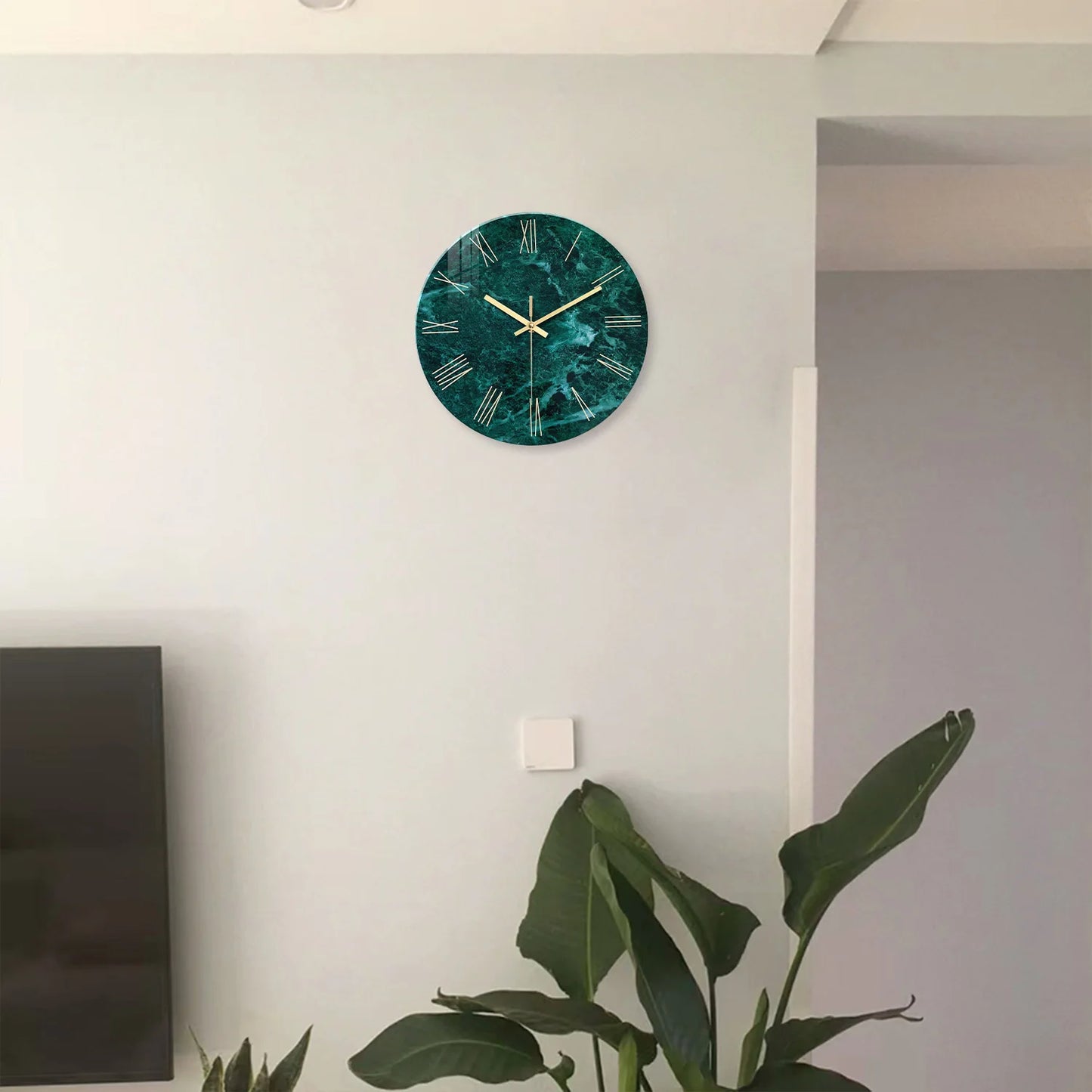 Horloge Murale Design Effet Marbre Vert Foncé en Verre Trempé, Silencieuse et Élégante – Marbréa