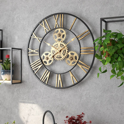 Horloge Murale Industrielle Dorée à Chiffres Romains, Silencieuse – Aurelia