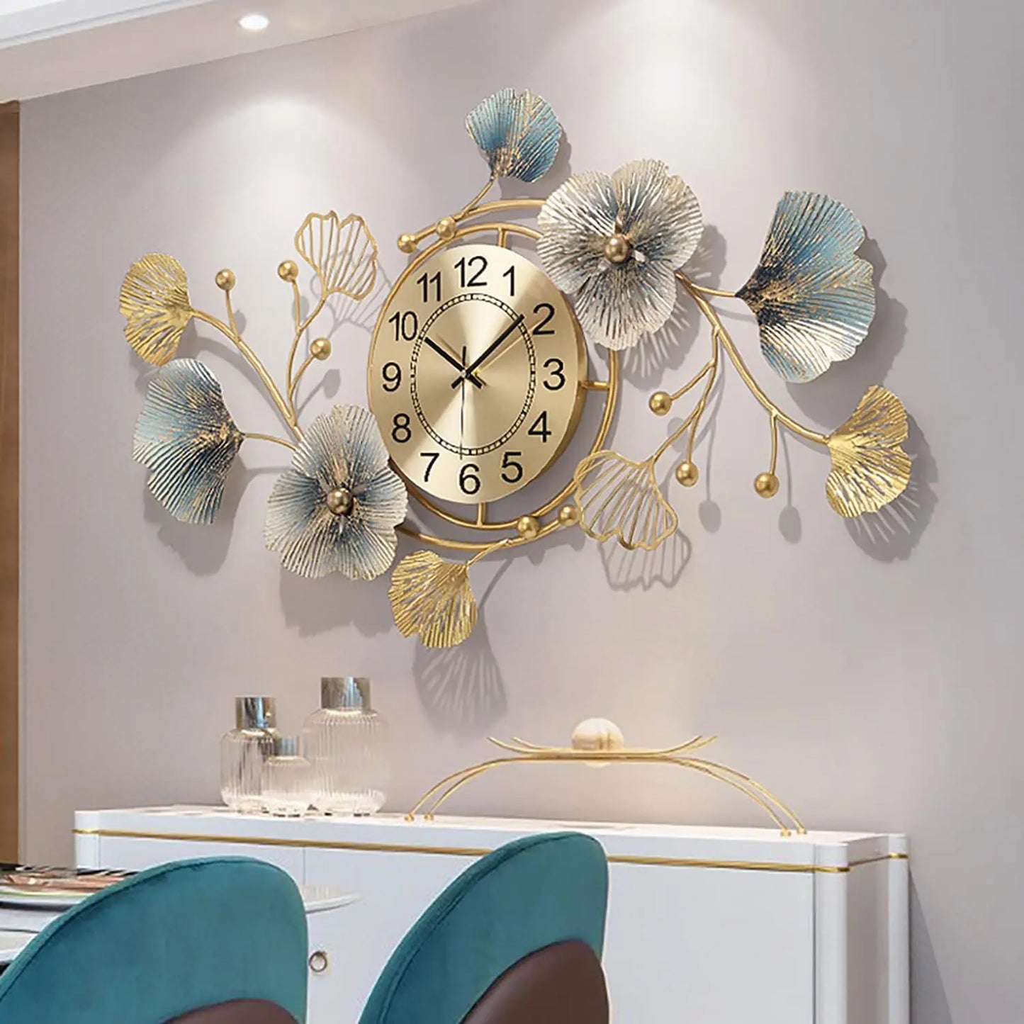 Horloge murale design en métal feuille de ginkgo, analogique et silencieuse - Floria