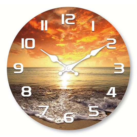 Horloge Murale Originale Plage et Coucher de Soleil en Bois, Silencieuse et Décorative – Sablonia
