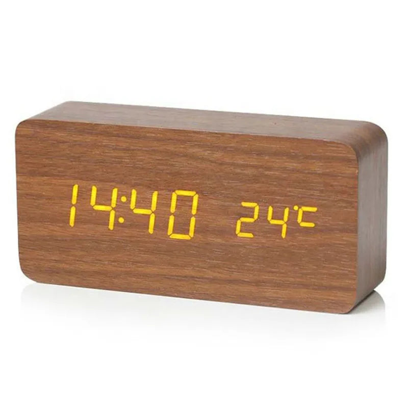 Horloge Numérique LED en Bois avec Température et 3 Alarmes – Niditon