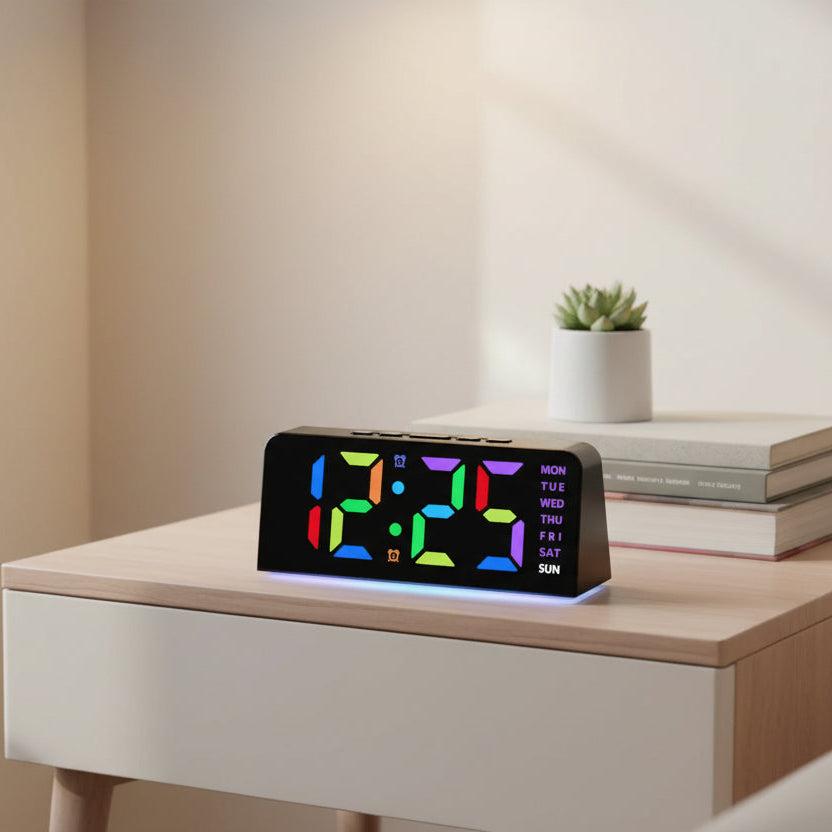 Horloge numérique LED RGB avec double alarme, lumière d’ambiance et luminosité réglable – Velanga