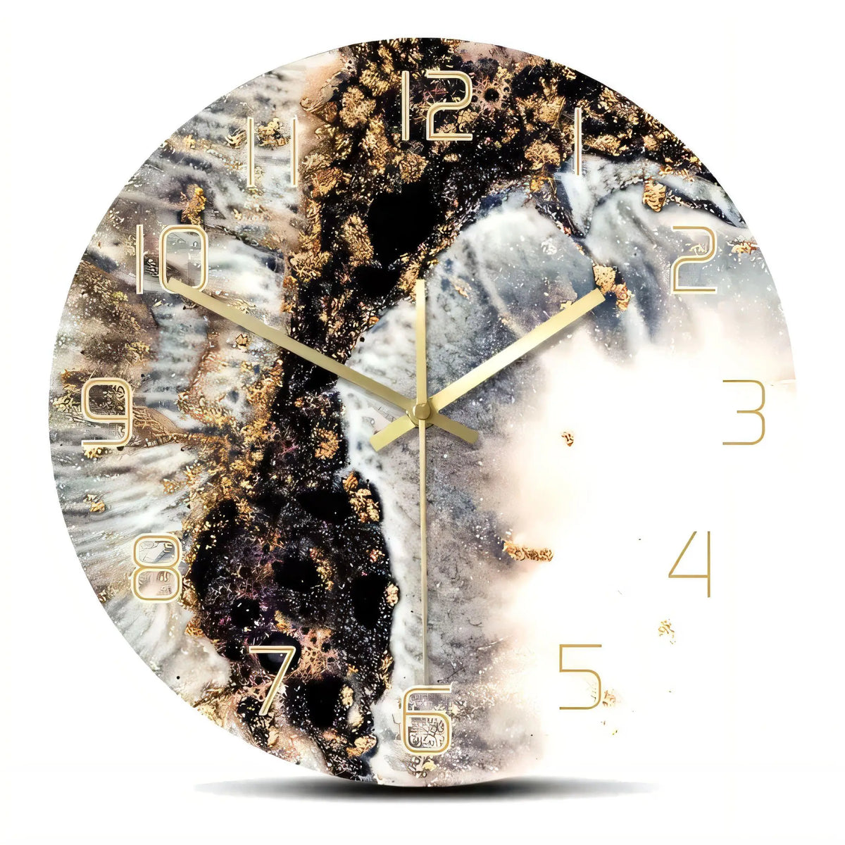 Horloge Murale Design Effet Marbre Chiffres Dorés, Silencieuse et Abstraite – Marbéo
