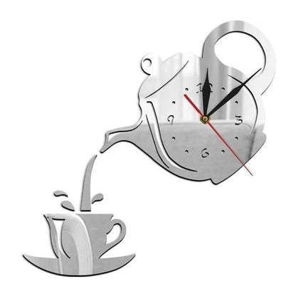 Horloge Murale Design Originale Théière 3D Miroir pour Cuisine, Silencieuse – Théova