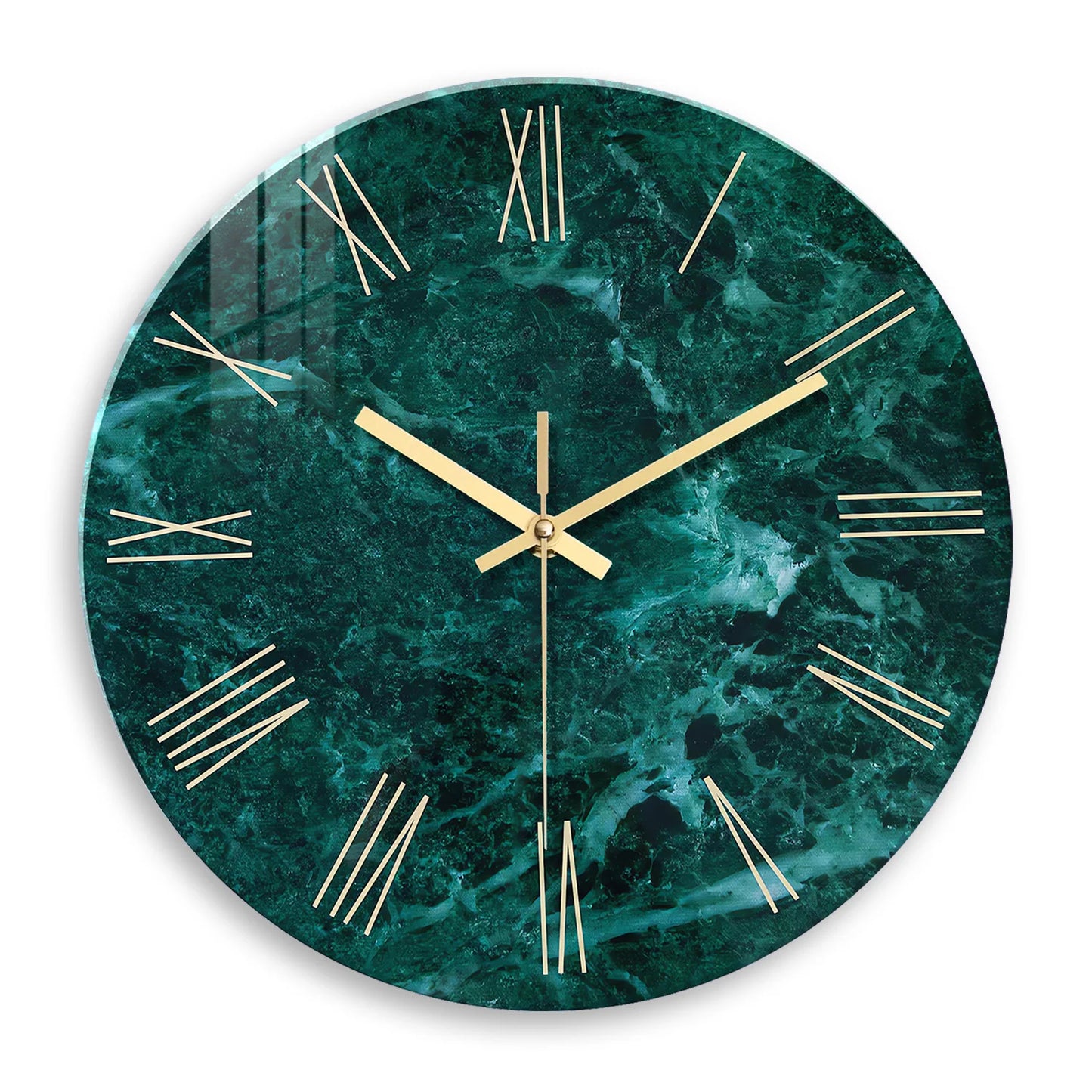Horloge Murale Design Effet Marbre Vert Foncé en Verre Trempé, Silencieuse et Élégante – Marbréa