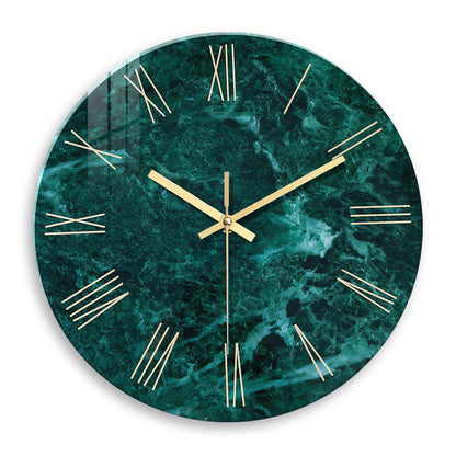 Horloge Murale Design Effet Marbre Vert Foncé en Verre Trempé, Silencieuse et Élégante – Marbréa