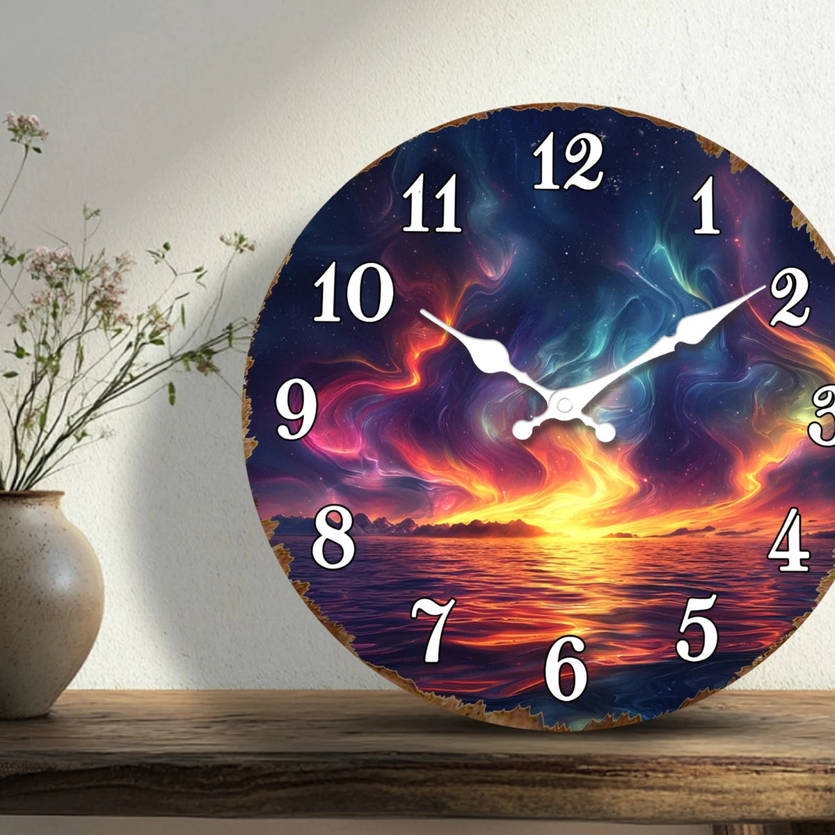 Horloge Murale Originale Paysage Océan Étoilé en MDF, Silencieuse et Artistique – Astravia