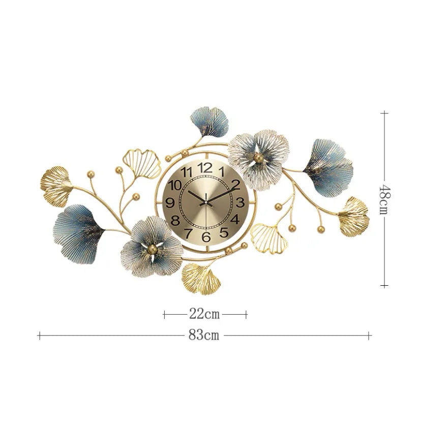Horloge murale design en métal feuille de ginkgo, analogique et silencieuse - Floria