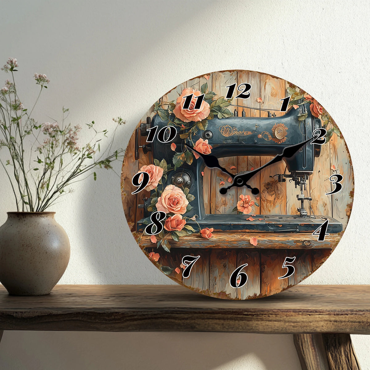 Horloge Murale Machine à Coudre Vintage et Roses, Silencieuse – Brocanta