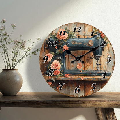 Horloge Murale Machine à Coudre Vintage et Roses, Silencieuse – Brocanta