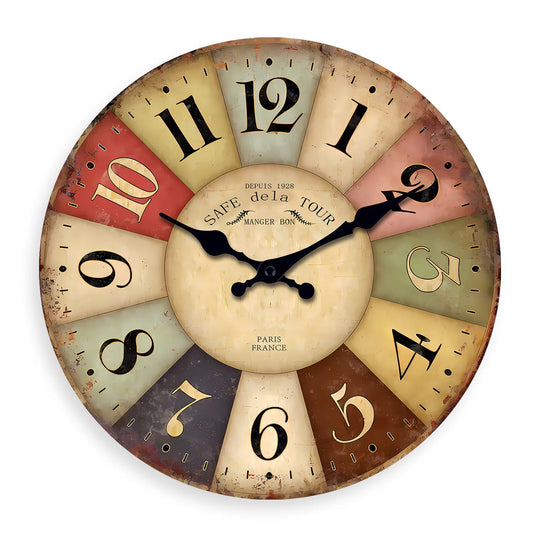 Horloge Murale Vintage Colorée en Bois et Bambou Style Parisien, Silencieuse et Authentique – Parisio
