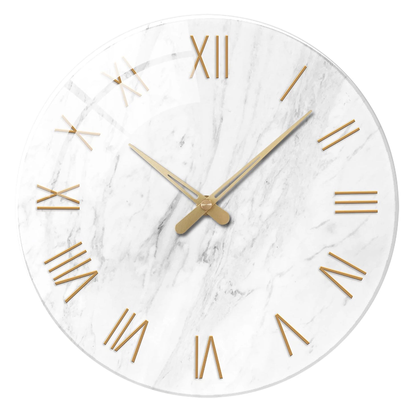 Horloge Murale Design Verre Trempé Effet Marbre, Chiffres Romains Dorés et Silencieuse – Marbreo