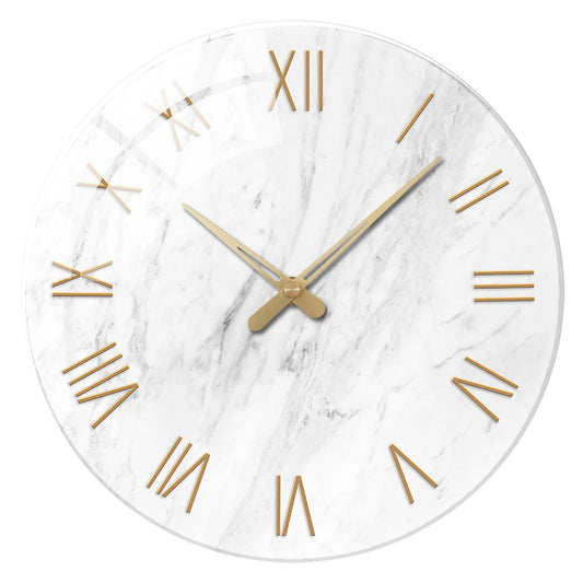 Horloge Murale Design Verre Trempé Effet Marbre, Chiffres Romains Dorés et Silencieuse – Marbreo