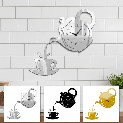 Horloge Murale Design Originale Théière 3D Miroir pour Cuisine, Silencieuse – Théova
