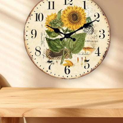 Horloge Murale en Bois, Silencieuse, Motif Tournesols – Héliantha
