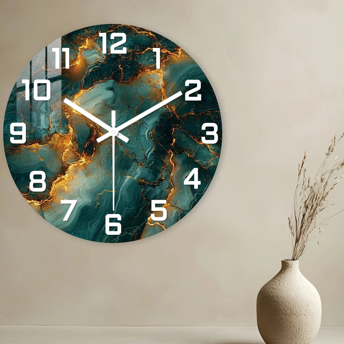 Horloge Murale Design Effet Marbre Bleu Sarcelle et Doré en MDF, Silencieuse et Élégante – Sarcelora