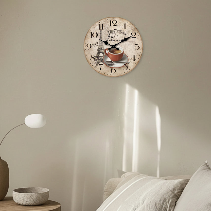 Horloge murale design en bois motif Paris et Tour Eiffel, analogique et silencieuse – Paris Café