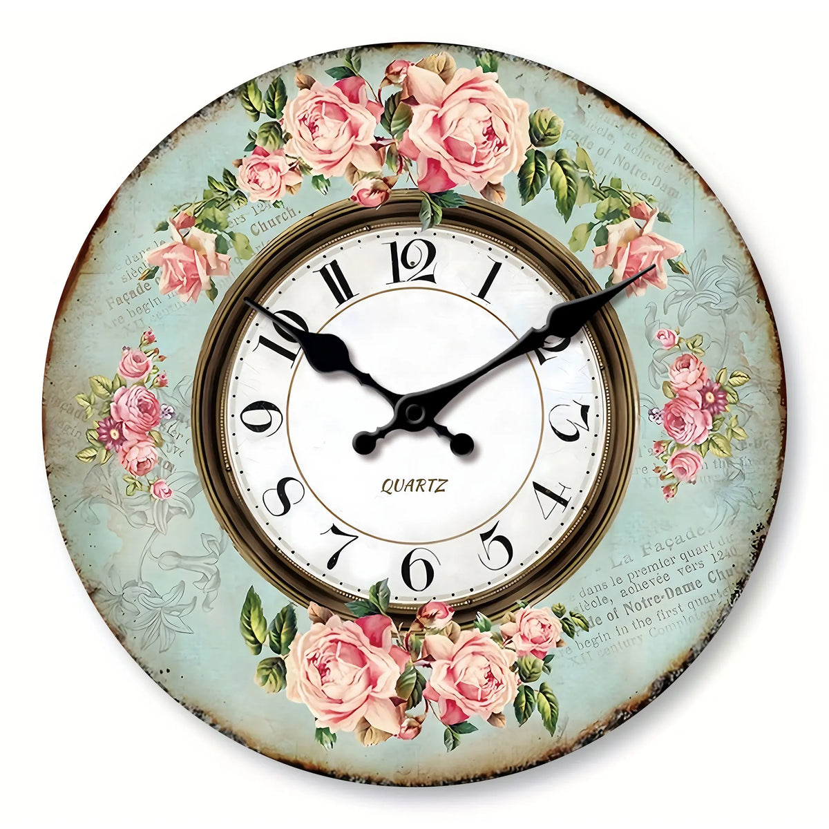 Horloge Vintage Motif Roses en Bois, Silencieuse – Rosalys