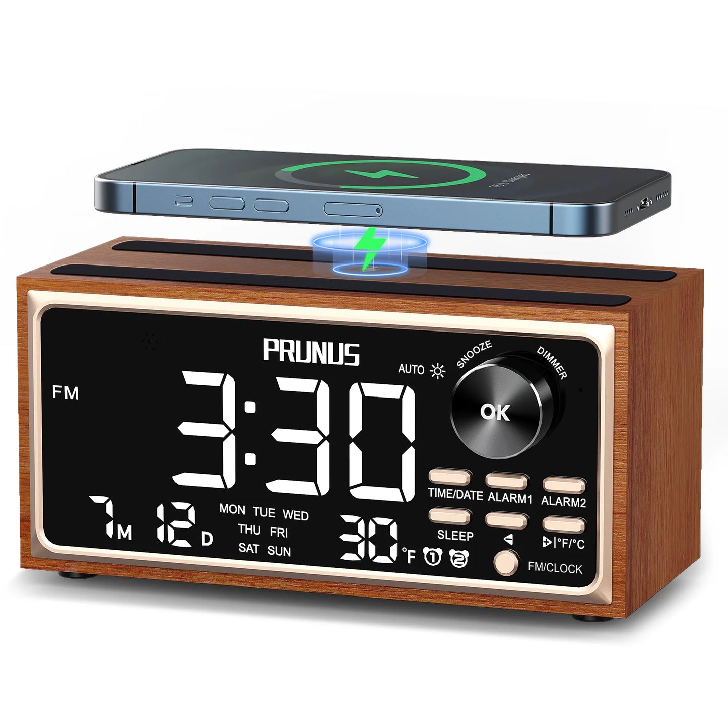 Horloge Numérique Rétro FM Radio avec Chargement Sans Fil 15W, Double Alarme et Auto-Gradation – Rétroxa