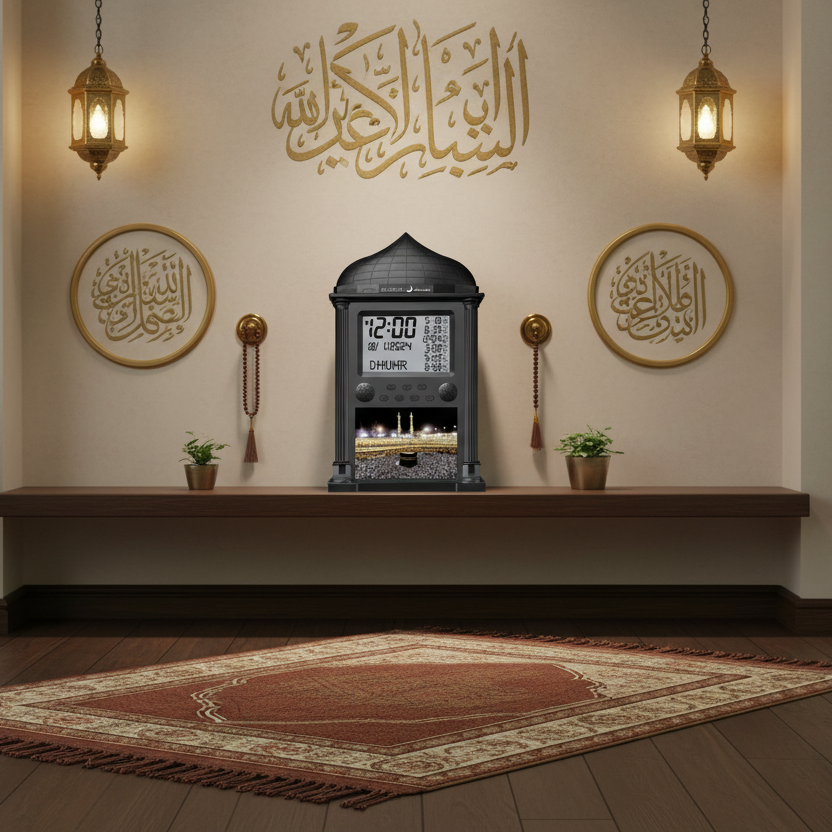 Horloge Azan Numérique Murale & de Bureau – Heures de Prière Mondiales, Adhan, Calendrier Hijri & Direction Qibla - Musulman
