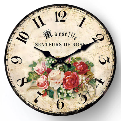 Horloge Murale Vintage Motif Rose en Bois et Bambou, Silencieuse et Romantique – Roséva