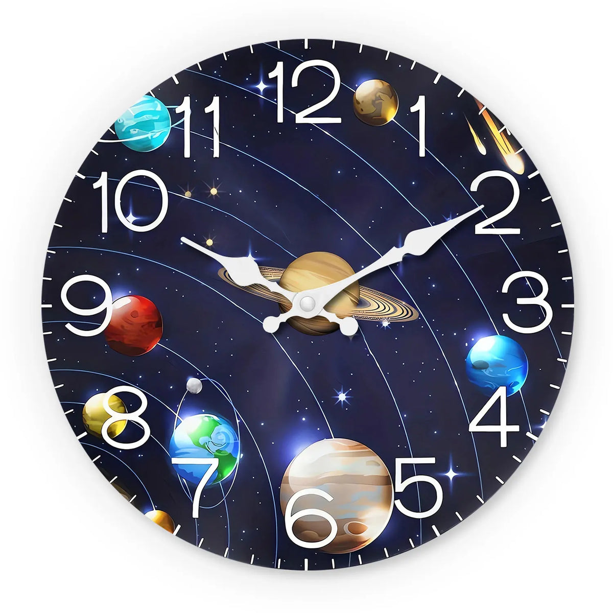 Horloge Murale en Bois Univers et Planètes, Silencieuse et Décorative – Orbéa