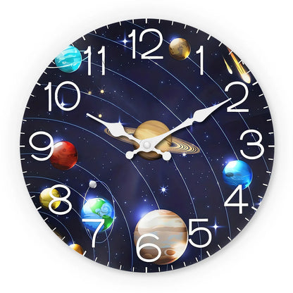 Horloge Murale en Bois Univers et Planètes, Silencieuse et Décorative – Orbéa