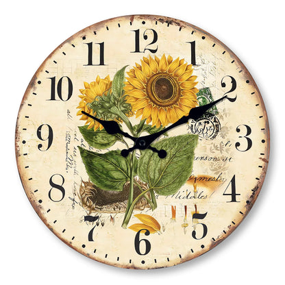 Horloge Murale en Bois, Silencieuse, Motif Tournesols – Héliantha
